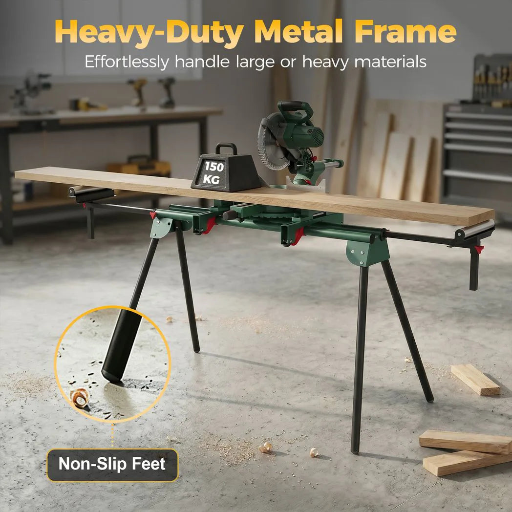 HOMCOM Universal Mitre Saw Stand with Adjustable Rollers and Support Arms – Portable Folding Stand, 150kg Load