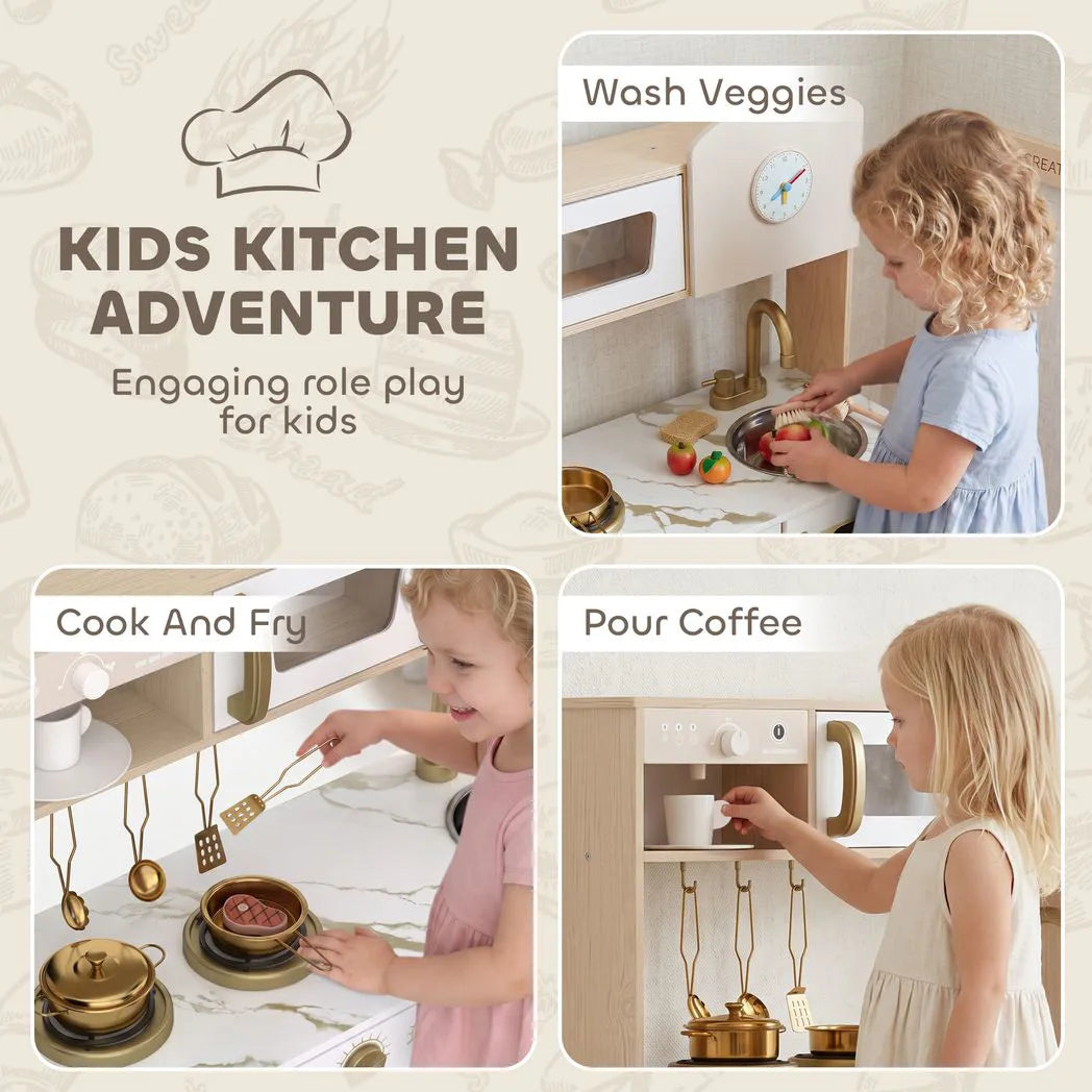 AIYAPLAY Play Kitchen with Rotating Coffee Machine, Stove and Storage Shelf – Kids Playset, Ages 3-6, White