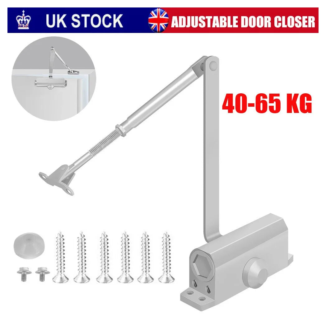 Heavy Duty Hydraulic Overhead Door Closer for 45–65 kg Doors, Adjustable Soft Close, Silver