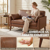 HOMCOM 2 Seater Sofa, 132 cm Small Loveseat with Solid Wood Legs and 2 Pillows – PU Leather Couch for Small Spaces, Brown