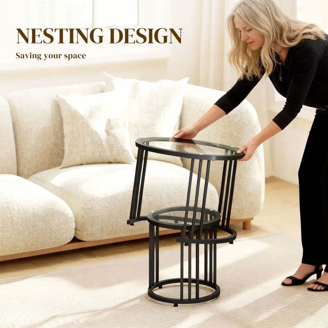 HOMCOM Round Nesting Coffee Tables Set of 2 – Tempered Glass Tops, Steel Frame, Art Deco Style, Black