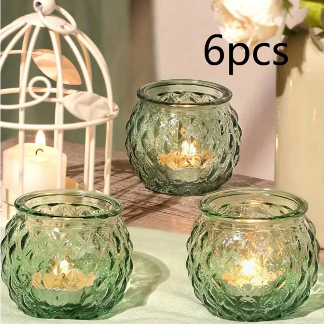 Set of 6 Green Glass Round Tealight Candle Holders – Modern Thick Glass Votives
