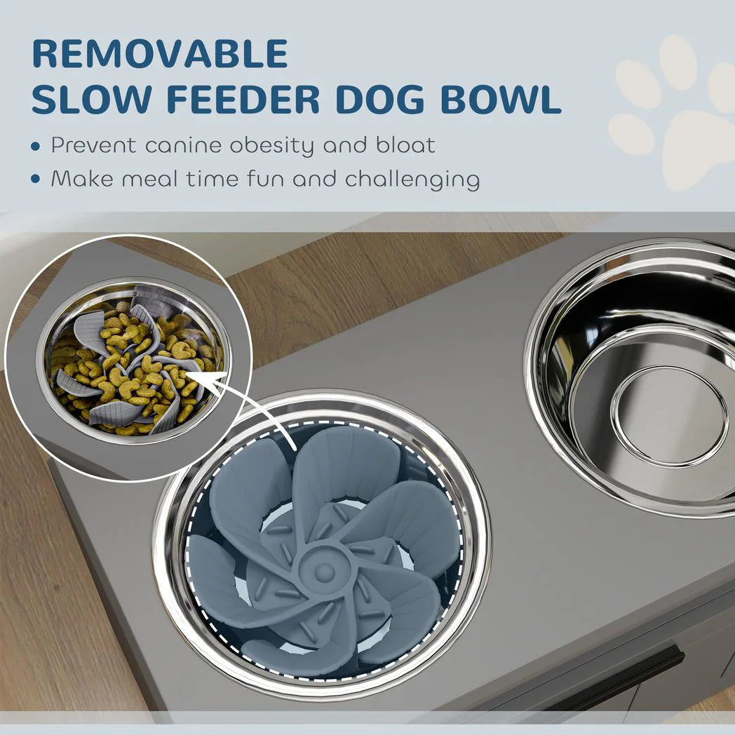 PawHut Raised Dog Bowl Stand with Slow Feeder, Steel Bowls and Drawer – Large Dogs, Grey