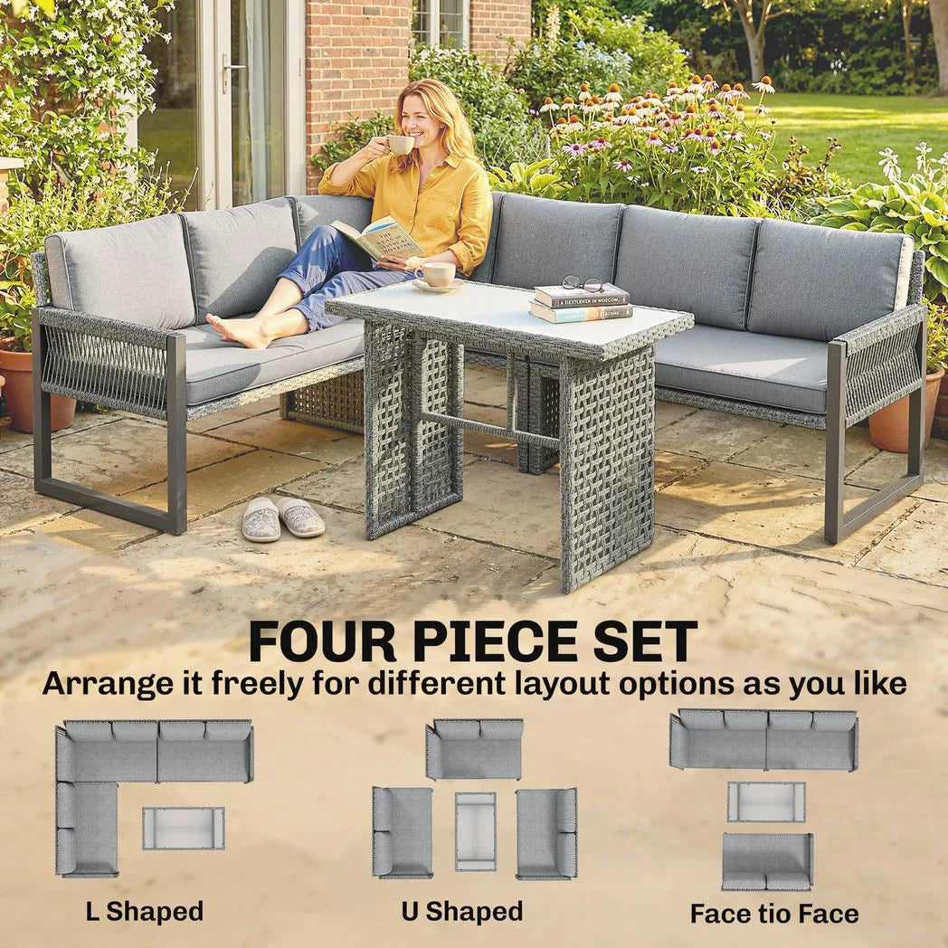 Outsunny 6 Seater Rattan Garden Furniture Set with 3 Loveseats and Glass Table – Modular Corner Sofa, Grey