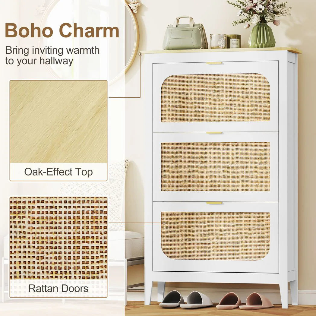 HOMCOM Boho Slim Shoe Cabinet with 3 Flip Drawers and Rattan Doors – Holds 21 Pairs, White