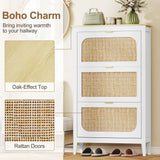 HOMCOM Boho Slim Shoe Cabinet with 3 Flip Drawers and Rattan Doors – Holds 21 Pairs, White