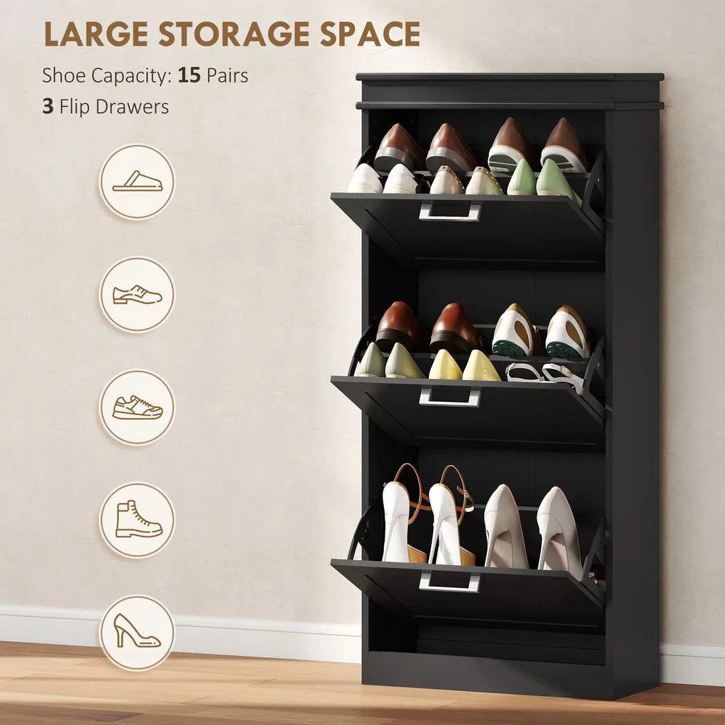 HOMCOM Slim 3-Drawer Shoe Cabinet with Adjustable Shelves – Holds 15 Pairs, Black