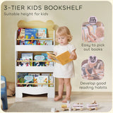 AIYAPLAY Kids 3-Tier Bookshelf with Bear Design, Anti-Tip Device and Guardrails – Children's Bookcase, White