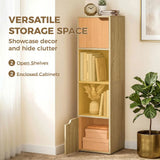 HOMCOM Narrow 4-Tier Bookcase with Open Shelves and Cabinet Doors – Slim Storage Unit, Oak