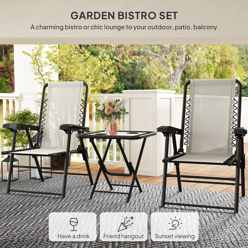 Outsunny Three-Piece Folding Garden Bistro Set with Two Armchairs and Mesh-Top Table – Patio Furniture, Cream White
