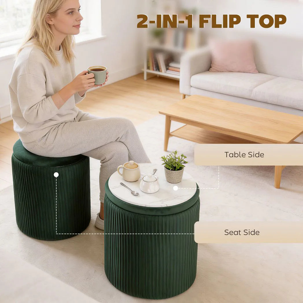 HOMCOM Velvet Round Storage Ottoman with Flip Lid & Marble-Effect Top – 45cm Footstool, Dark Green