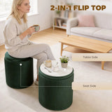 HOMCOM Velvet Round Storage Ottoman with Flip Lid & Marble-Effect Top – 45cm Footstool, Dark Green