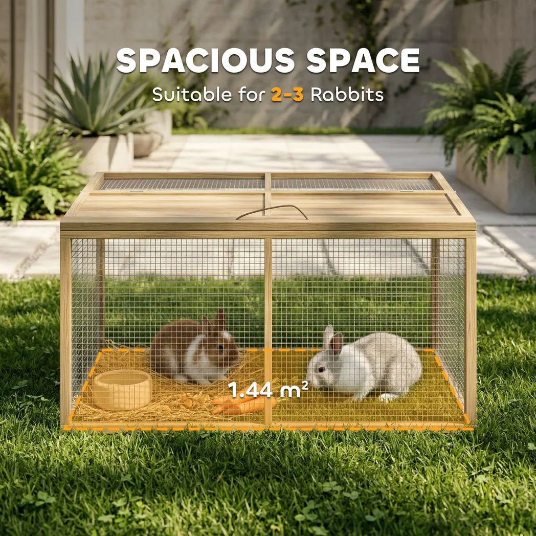 PawHut Wooden Folding Rabbit Hutch for 2–3 Rabbits with Built-In Handle – Outdoor Guinea Pig Run, Natural Wood