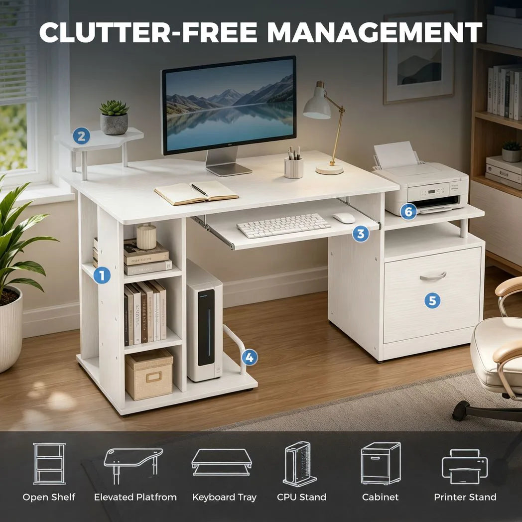 HOMCOM Computer Desk with Drawer, 4-Tier Shelves and Keyboard Tray – CPU Stand Home Office Desk, White