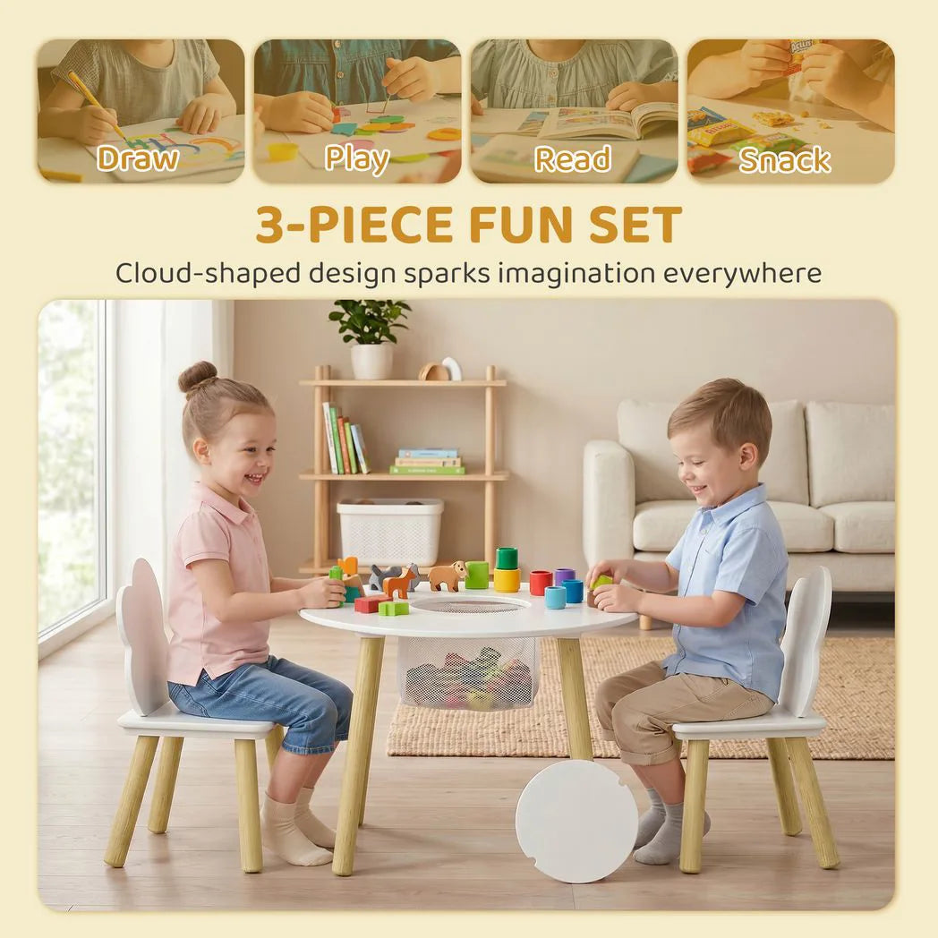 AIYAPLAY Kids Table and Chairs Set with Storage Bag – 3-Piece Cloud Design Toddler Playroom Set, White