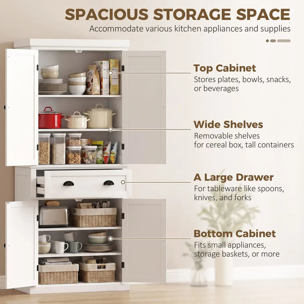 HOMCOM 183 cm Tall Kitchen Cupboard with Drawer, 4 Doors and Adjustable Shelves – Farmhouse White