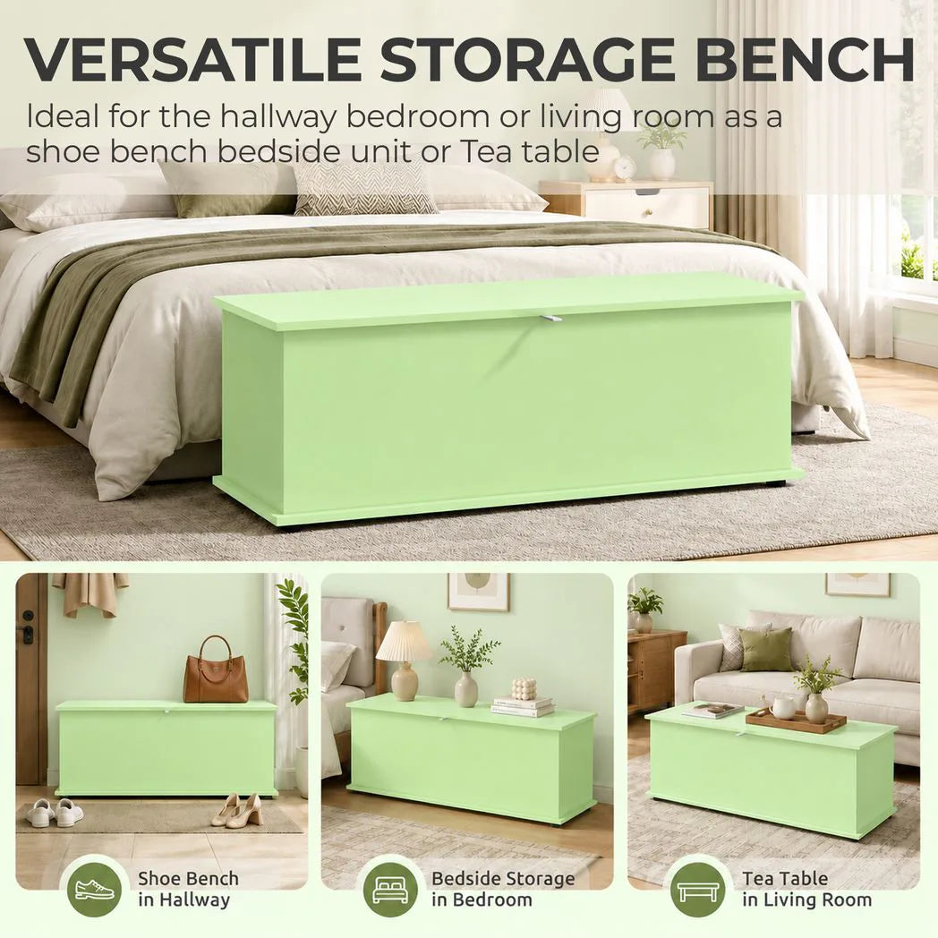 HOMCOM 114L Storage Chest Bench with Safety Hinge and Non-Slip Feet – Bedroom Blanket Box and Hallway Trunk, Green