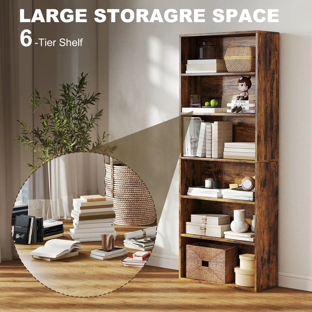 HOMCOM Six Shelf Bookcase with Adjustable Shelves and Anti-Tip Kit – Display and Storage Unit, Rustic Brown