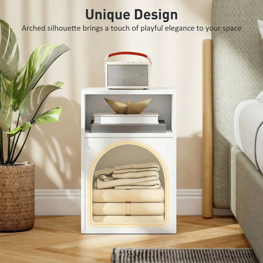 HOMCOM Narrow Bedside Table with 2 Open Compartments and Arched Design – Small Bedroom Nightstand, White