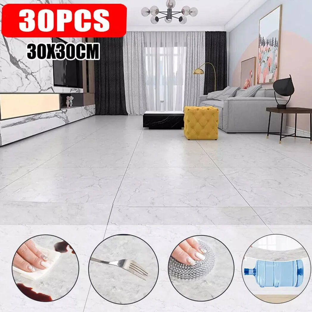 30 Pack Self-Adhesive PVC Marble Effect Tiles, 30 x 30 cm – Peel & Stick for Kitchen & Bathroom, Light Grey