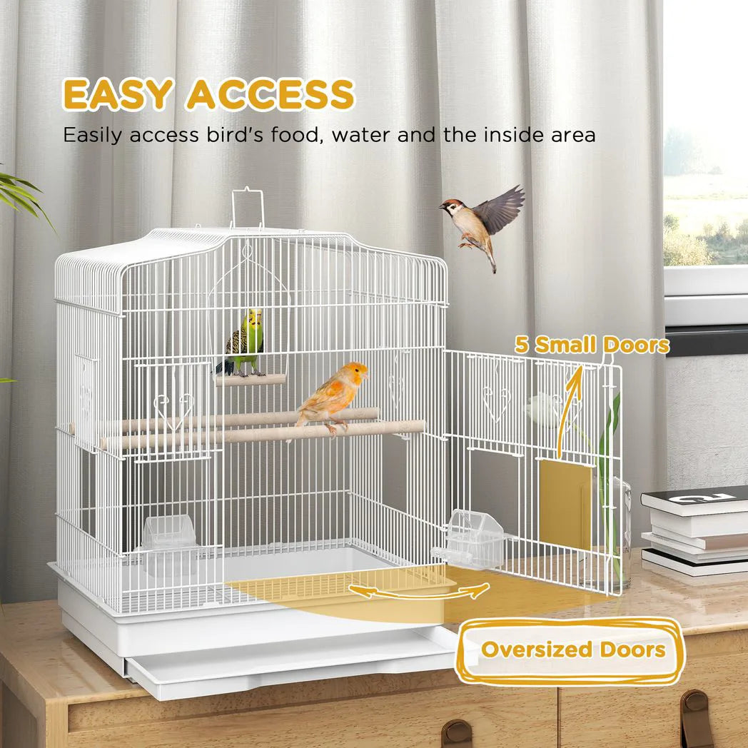 PawHut Large Metal Bird Cage with Perches, Food Bowls & Swing – For Budgies, Finches & Parakeets, White