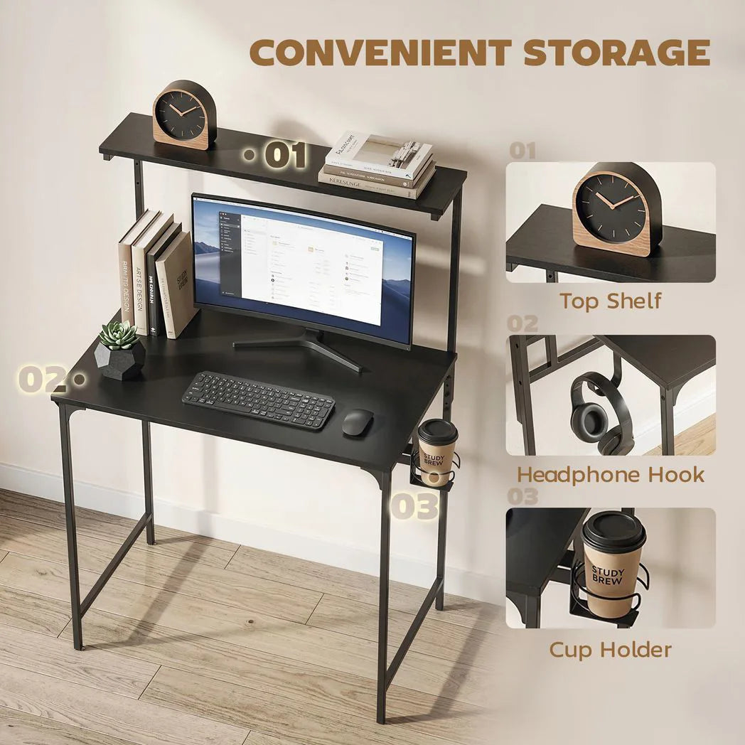HOMCOM Computer Desk, 80cm Home Office Study Table with Hutch Shelf, Cup Holder & Headphone Hook – Black