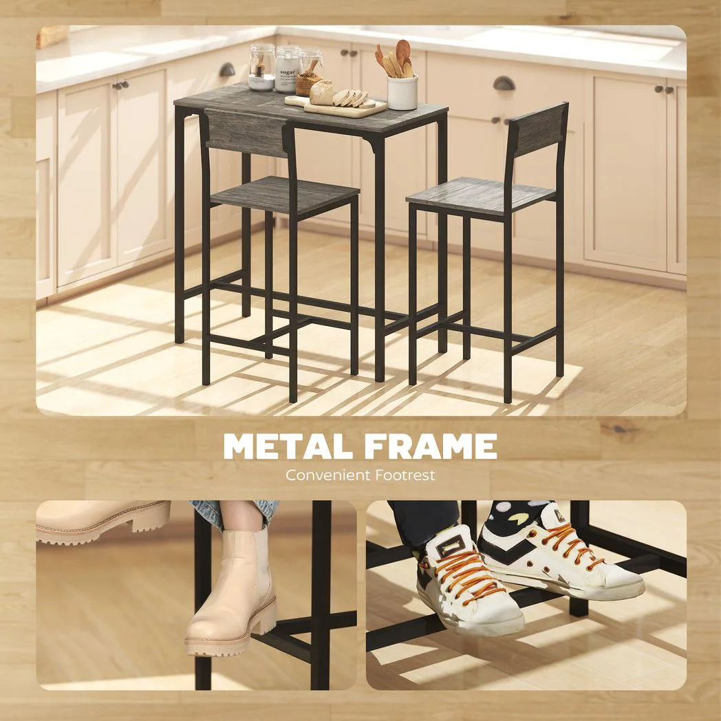HOMCOM 3-Piece Industrial Bar Table Set with 2 Stools, Backrest and Footrest – Space-Saving, Charcoal Grey