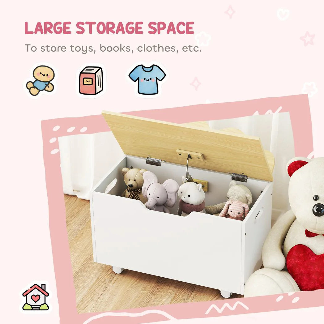 AIYAPLAY Toy Box with Lid, Wheels & Safety Hinges – White Rolling Toy Chest for Playroom & Bedroom
