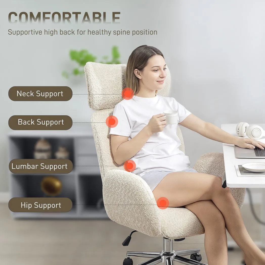 HOMCOM Boucle Office Chair with Adjustable Headrest and Spring Pack – Ergonomic High Back Chair, Pale Grey