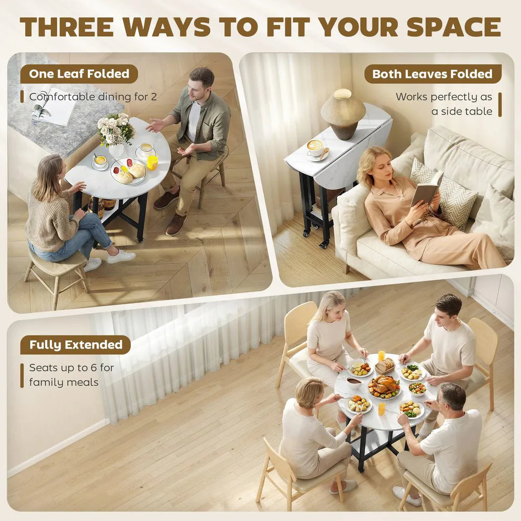 HOMCOM Folding Drop Leaf Dining Table with Open Shelf and Lockable Wheels – Space-Saving, White Marble