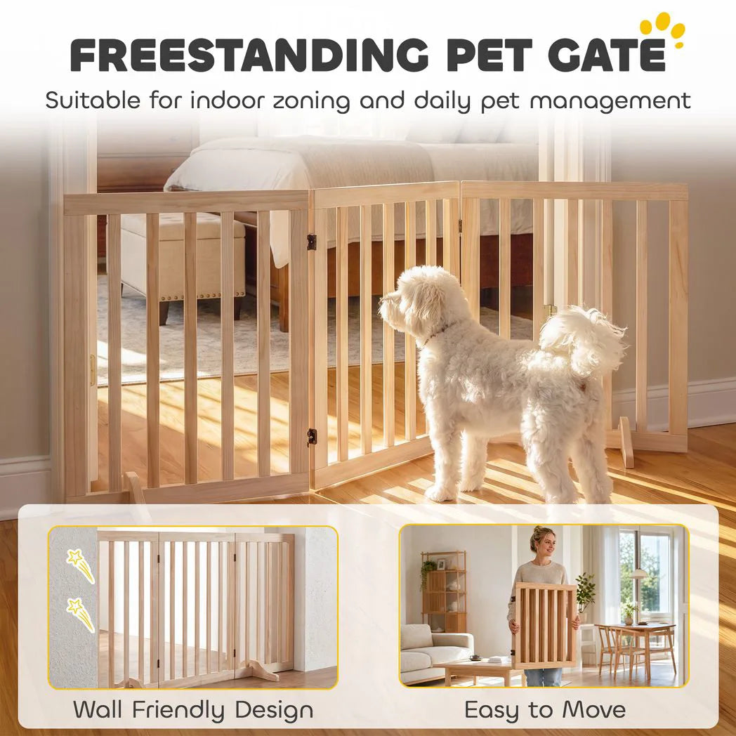 PawHut Wooden Freestanding Dog Gate with 3 Folding Panels and 2 Support Feet – Indoor Pet Barrier, Natural