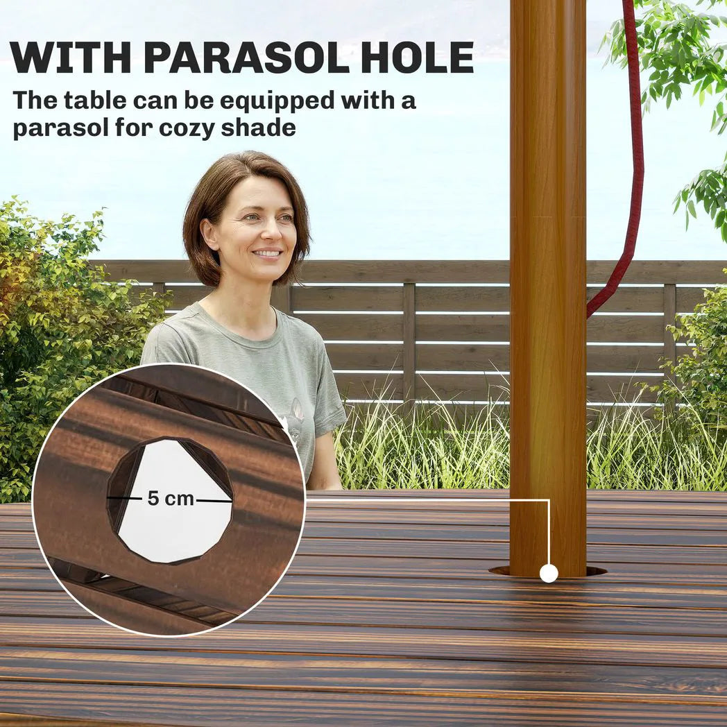 Outsunny 6 Seater Wooden Round Picnic Table with Matching Benches & Parasol Hole, Carbonised Finish