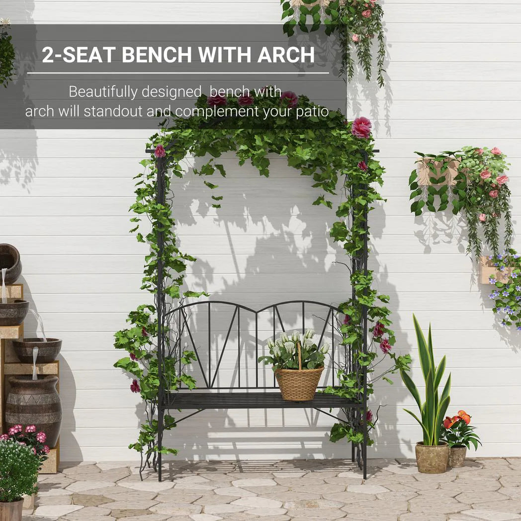 Outsunny 2 Seater Metal Garden Bench with Arch for Climbing Plants and Vines – Outdoor Patio Loveseat, Black