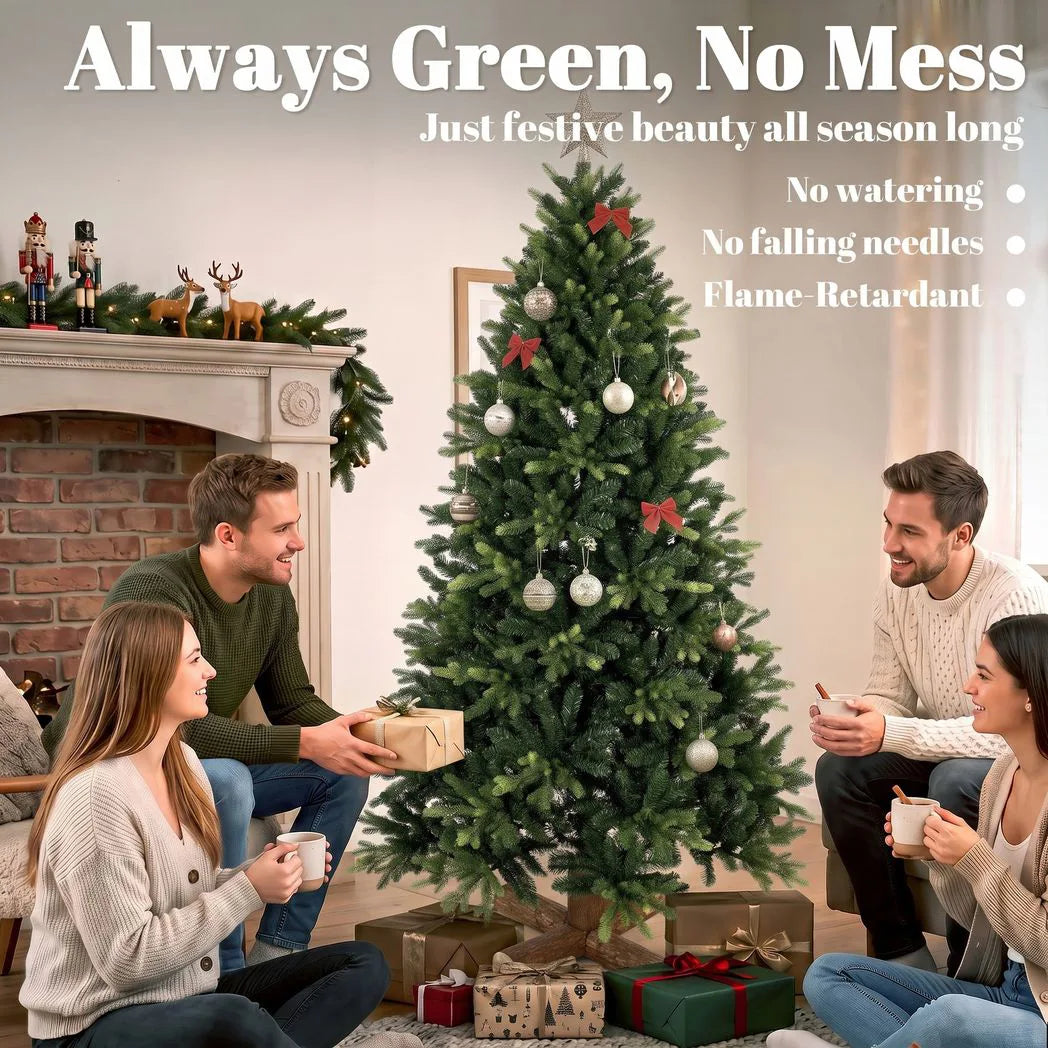 HOMCOM 6ft Hinged Artificial Christmas Tree with 2419 PE and PVC Tips and Fir Wood Base, Green
