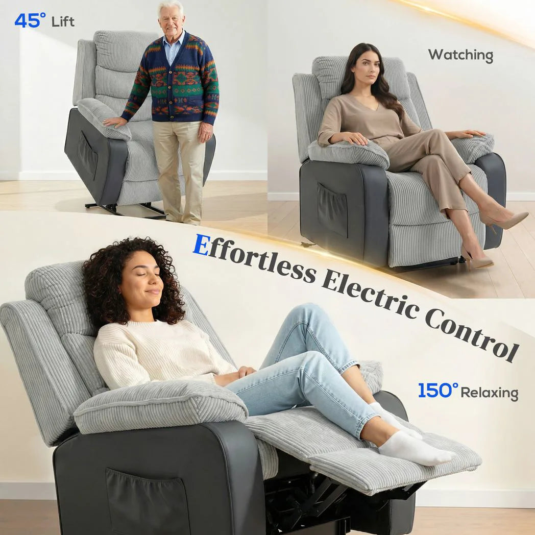 HOMCOM Electric Power Lift Recliner Chair with Footrest, USB Port & Side Pockets – Corduroy Riser Chair for Elderly, Light Grey