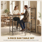 HOMCOM 3 Piece Breakfast Bar Table and Stools Set with 4-Tier Shelving and Wine Glass Racks, Rustic Brown
