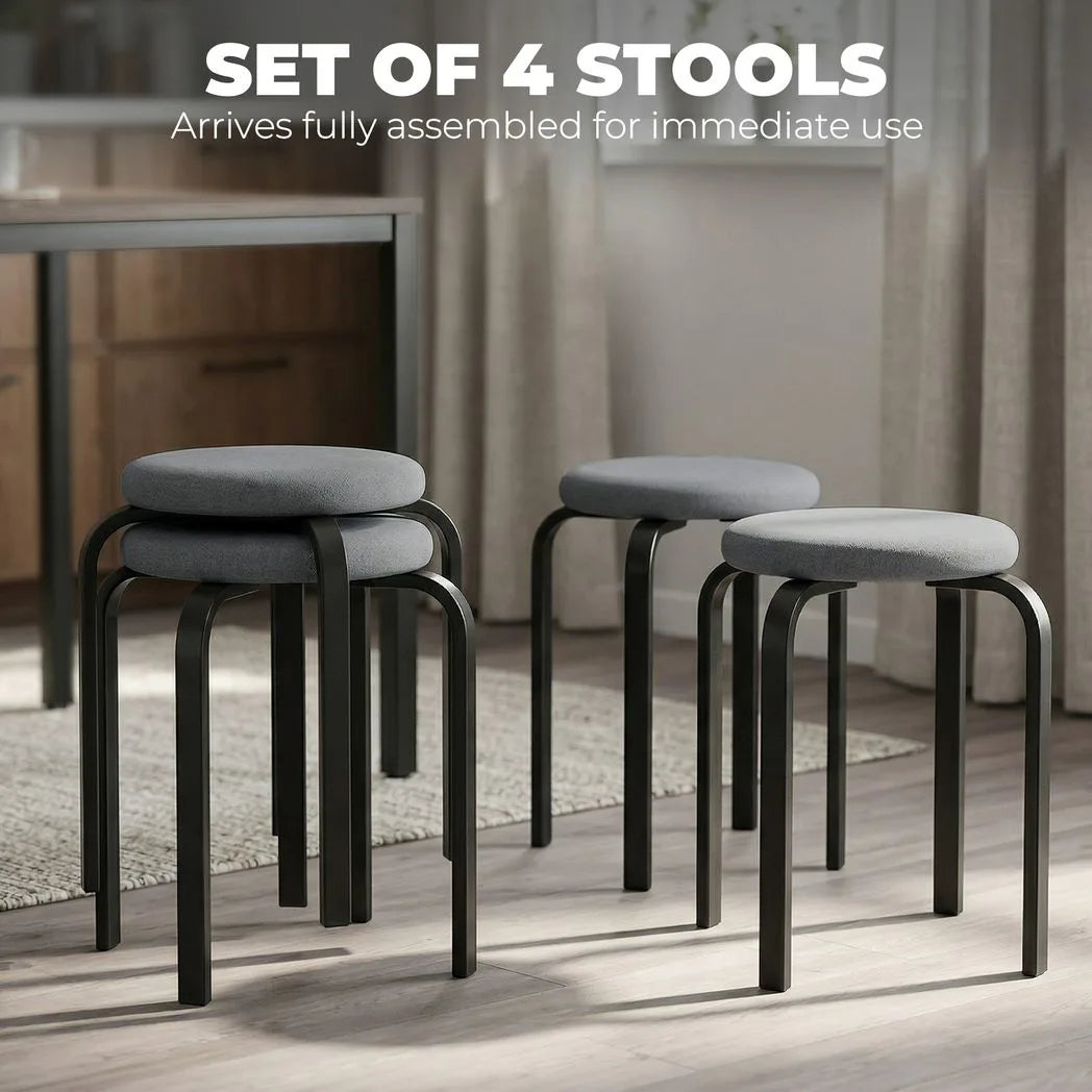 HOMCOM Set of 4 Stackable Round Stools with Cushioned Seats – Backless Kitchen and Dining Room Seating, Dark Grey