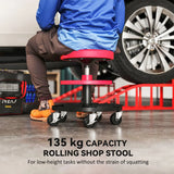 HOMCOM Rolling Mechanic Stool with 360° Swivel Wheels, Padded Seat and Tool Trays, 135kg – Garage Workshop Seat, Red