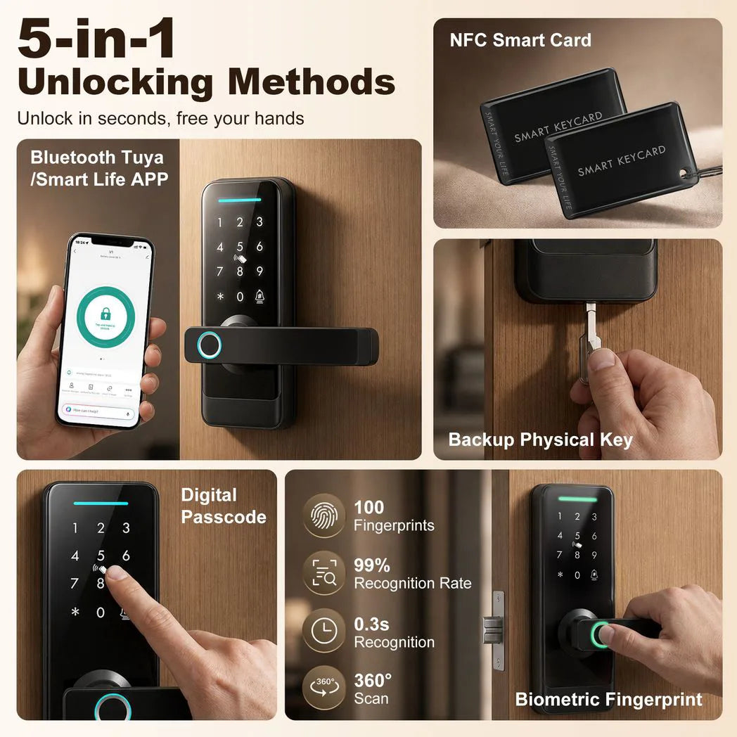 HOMCOM 5-in-1 Smart Door Lock with Fingerprint, Passcode, App and NFC Card – Keyless Entry, Doorbell