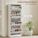 HOMCOM Slim 4-Drawer Shoe Cabinet with Adjustable Shelves – Holds 24 Pairs, White