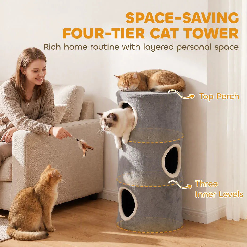 PawHut Four-Tier Cat Tree Tower with Connected Cubby and Removable Plush Cover – Space-Saving Cat Condo