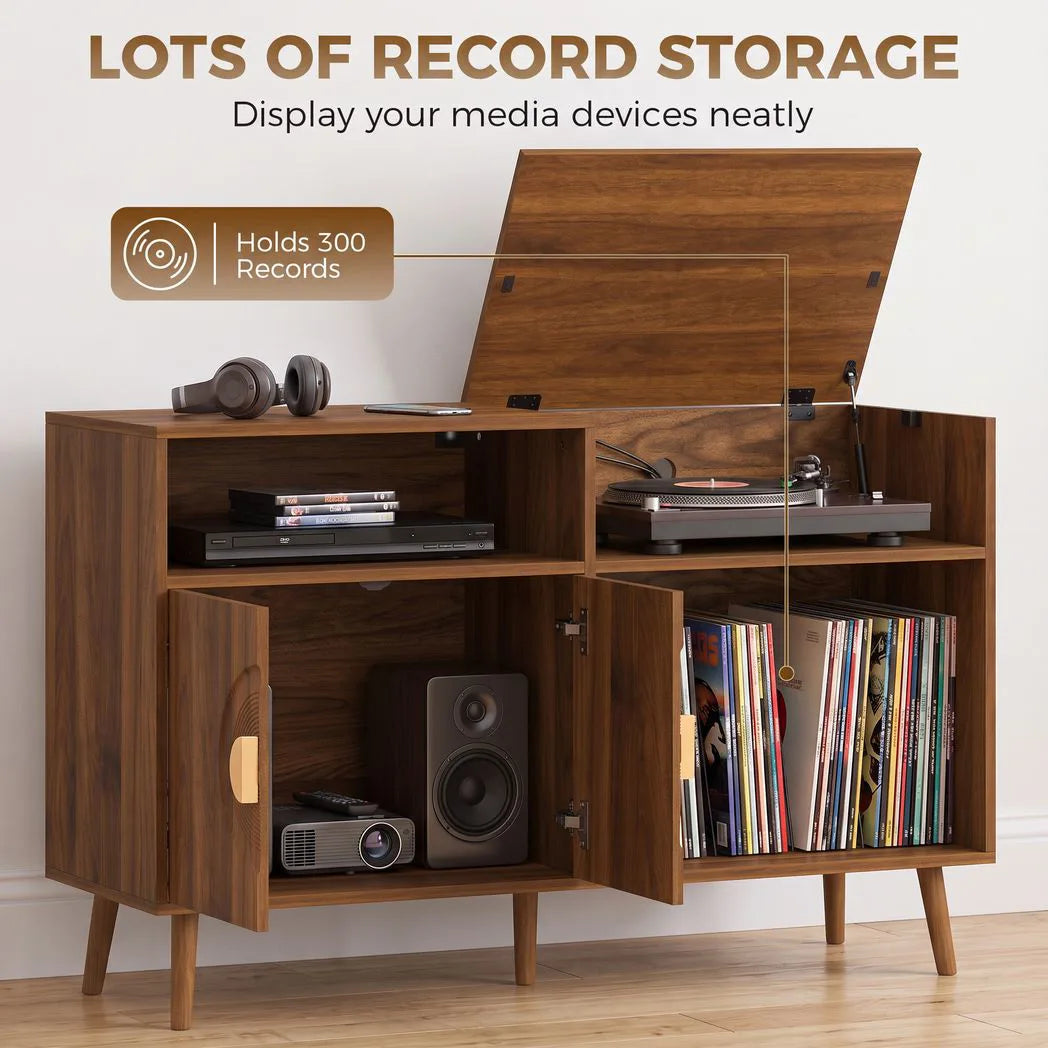 HOMCOM Record Player Stand with Vinyl Storage for up to 300 Albums – Flip-Top Compartment and Cabinet, Walnut