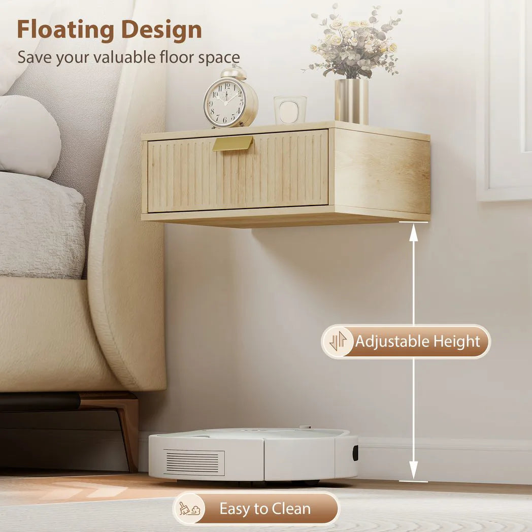HOMCOM Floating Nightstands Set of 2 with Wave Drawers – Wall-Mounted Bedside Tables, Oak