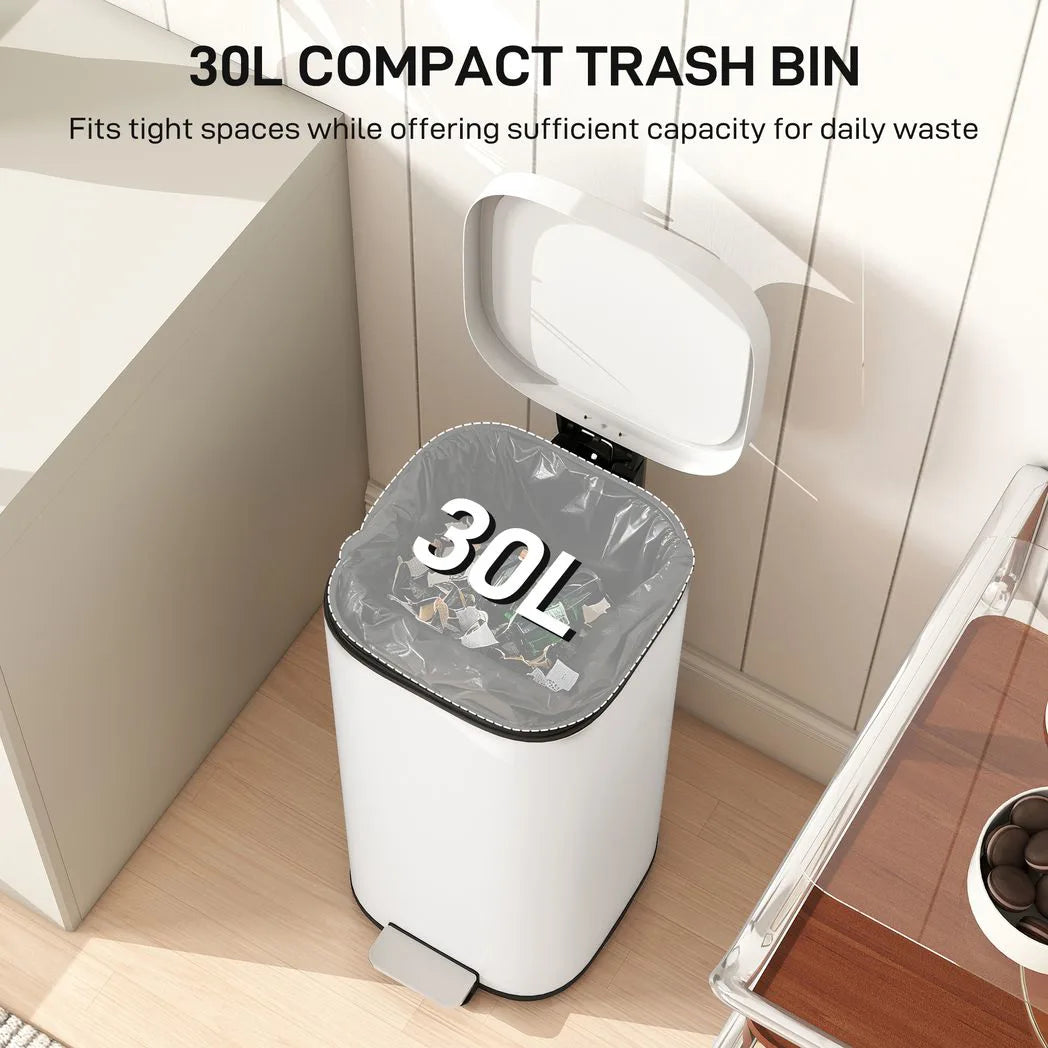 HOMCOM 30L Pedal Kitchen Bin with Soft-Close Lid and Removable Bucket – Compact Metal Rubbish Bin, Cream