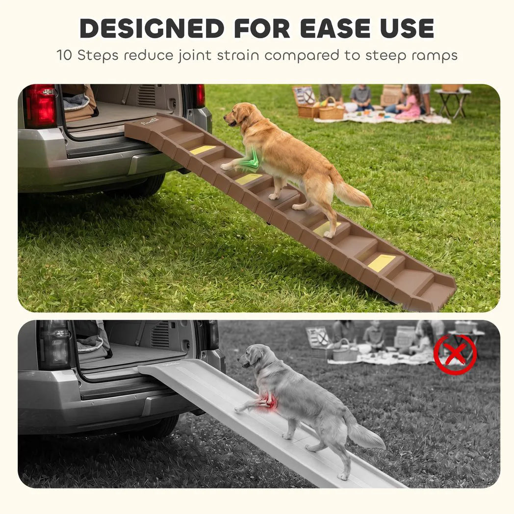 PawHut Dog Car Ramp with Anti-Slip Steps – 10-Step Foldable Pet Stairs for Cars and High Beds, Brown