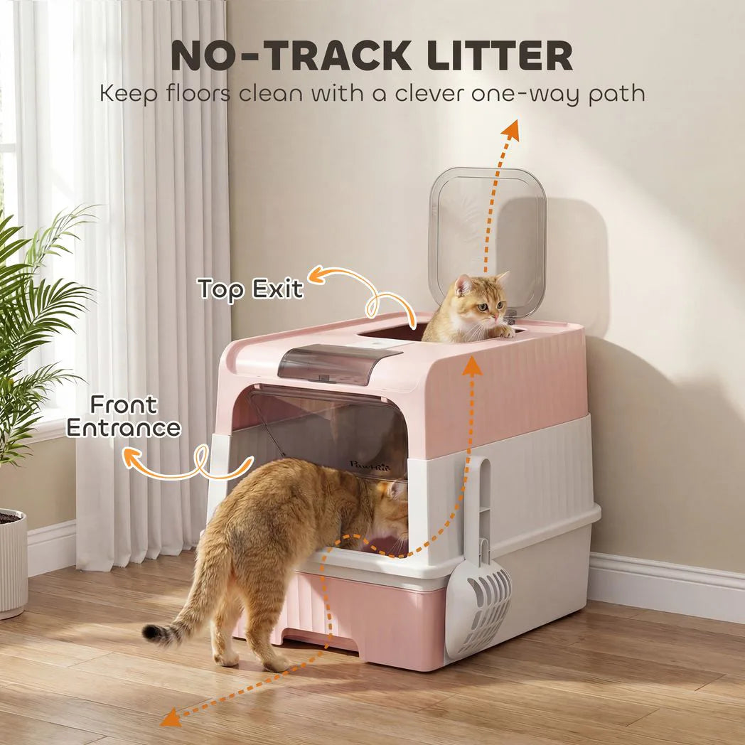 PawHut Enclosed Cat Litter Box with Pull-Out Drawer, Scoop & 2 Deodorisation Bags – Top Exit, Pink