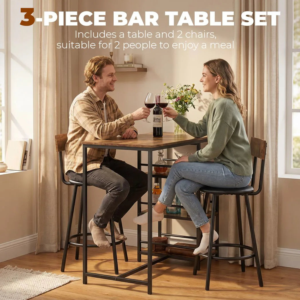 HOMCOM 3-Piece Bar Table and PU Leather Stools Set with Storage Shelves – Breakfast Bar for 2, Rustic Brown