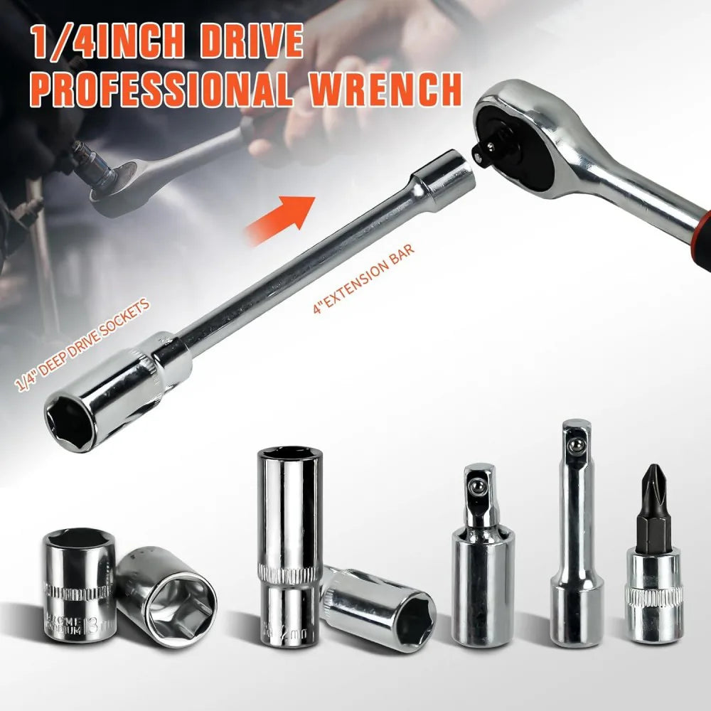 53-Piece 1/4" Drive Socket and Bit Set with Ratchet Wrench, Spinner Handle & Storage Case – DIY Tool Kit