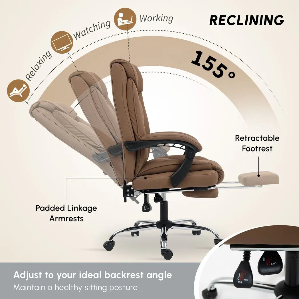 HOMCOM 155° Reclining Faux Leather Office Chair with Footrest & 360° Swivel – Executive Chair, Brown