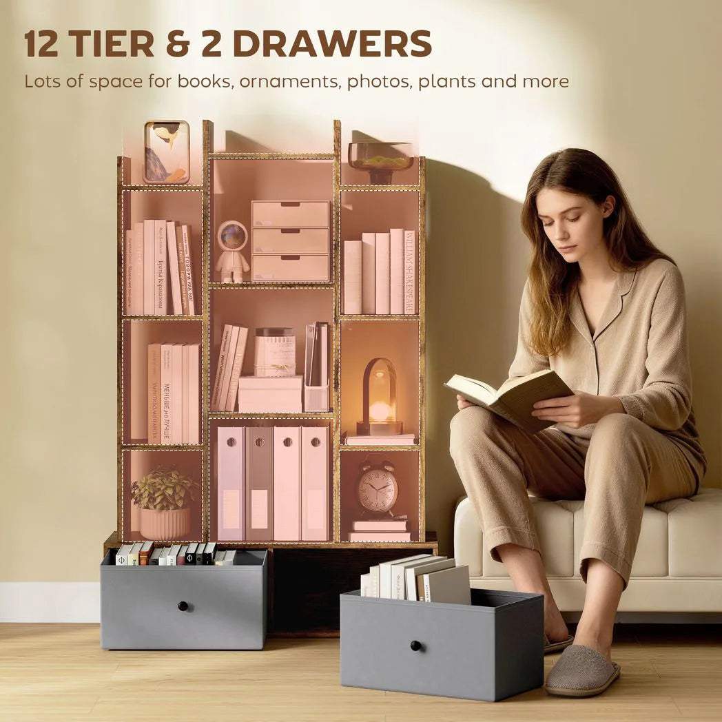 HOMCOM 12 Cube Storage Unit with 2 Removable Fabric Drawers – Geometric Bookcase & Display Shelf, Brown